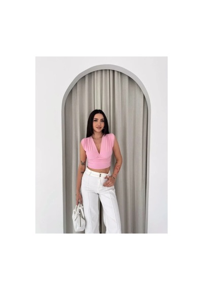 Butik İstanbul Vatkalı Kolsuz V Yaka Drapeli Crop Bluz Likralı Fit - Pembe