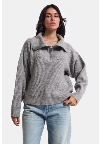 Kadın Gri W6-12 Oversize Fermuarlı Triko Kazak