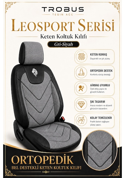 Renault Fluence 2010 Sonrası Uyumlu Leosport Serisi Gri Siyah Ortopedik Keten Koltuk Kılıfı