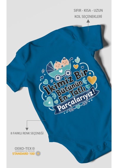 Morivokids İkimiz Bir Bütünün Yazılı Kısa Kollu Bebek Body %100 Pamuk Koyu Mavi