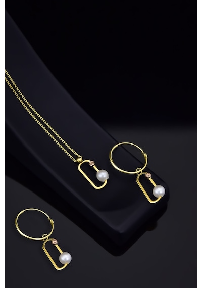Papatya Silver 925 Ayar Gümüş Gold Kaplama Dorika Toplu İncili Ataç Kolye ve Küpe Set