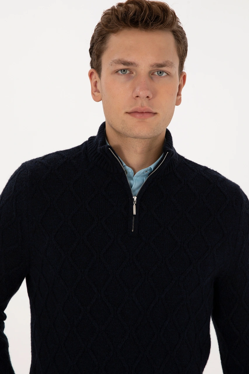 U.S. Polo Assn. Erkek Regular Fit Yarım Fermuarlı Desenli Lacivert Kazak 50315035-VR033