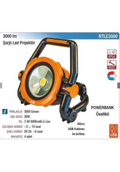 Nt Lights 3000 Lumen Şarjlı Led Projektör Turuncu
