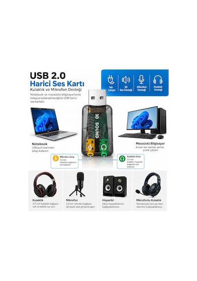 Usb Ses Kartı Harici 3d Sanal 5.1 Kulaklık Mikrofon Adaptörü