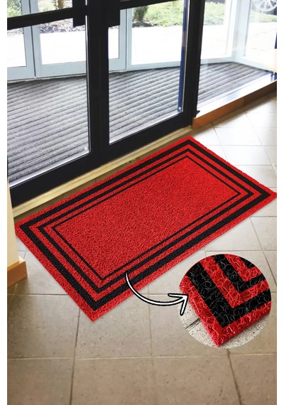 Dikdörtgen Çerçeveli Dış Kapı Paspası - Kıvırcık Paspas - Suya Dayanıklı - 3 Çizgili Model Kırmızı