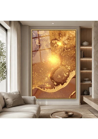 Kahve Karamel Altın Tozlu Doku Gold Çerçeveli Cam Tablo