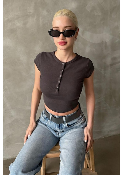 Madmext Füme Henley Çıt Kapamalı Kadın Tişört Mg2306 Füme
