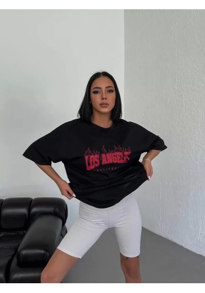 Hazego Unisex Bisiklet Yaka Baskılı Oversize T-shirt - Siyah Siyah