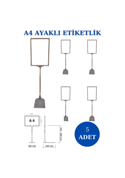 5 Adet Gri A4 Ayaklı Etiketlik Sepet Etiketi Çerçeveli Etiketlik Gri