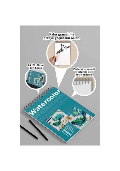 Sulu Boya Watercolor Resim Defteri A4 300gr, Sert Kapak Premium Resim Defteri
