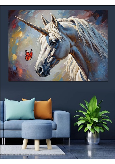 Ahşap Tablo Uçan Kelebekli Beyaz Unicorn Dekoratif Tablolar
