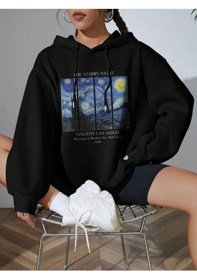 Unisex Oversize Van Gogh Baskılı Kapüşonlu Siyah Sweatshirt Siyah