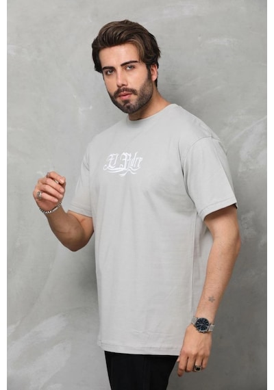 Erkek Kısa Kol Yazlık Tişört Bisiklet Yaka Baskılı Oversize T-shirt - Gri