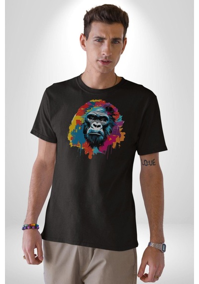 Renkli Maymun Goril Unisex Unisex Siyah Organik Baskılı T-shirt Penye Yüksek Kalite Siyah