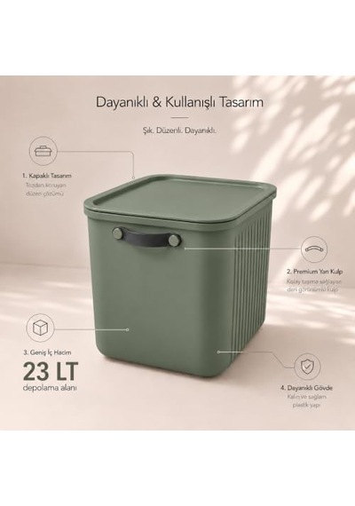23 Lt Kapaklı 2 Adet Organizer Kutu Yan Kulplu Büyük Boy Plastik Saklama Ve Depolama Kutusu Çok Amaçlı Düzenleyici Kutu Dolap, Banyo, Ofis Ve Oyuncak Düzeni İçin 40x30x25cm Zeytin Yeşili