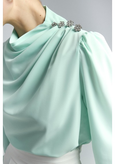 Düğmeleri Taş Detaylı Bluz - Mint-136993 MİNT