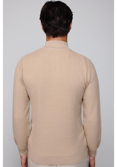 Tudors Slim Fit Dar Kesim Dik Yaka Fermuarlı Desenli Bej Erkek Triko Kazak-28924 Taş - Ekru