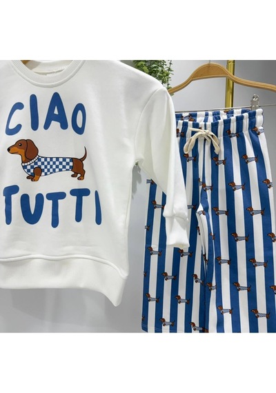 Ciao Tutti Baskılı Sweatshirt Sosis Köpek Baskılı Mavi Çizgili Eşofman 3ip Unisex Alt Üst Takım Beyaz Ciao Tutti Baskılı Sweatshirt Sosis Köpek Baskılı Mavi Çizgili Eşofman 3ip Unisex Alt Üst Takım Beyaz