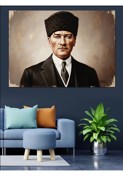 Siyah Beyaz Kalpak Başlıklı Atatürk Dekoratif Kanvas - Mdf Ahşap Tablo
