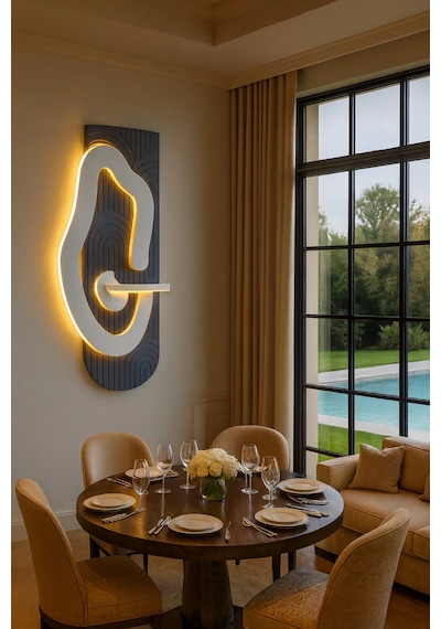Lüks Modern Led Duvar Dekoru Raflı Tasarım Uzaktan Kumandalı Ambiyans Işığı 110x56cm Ahşap