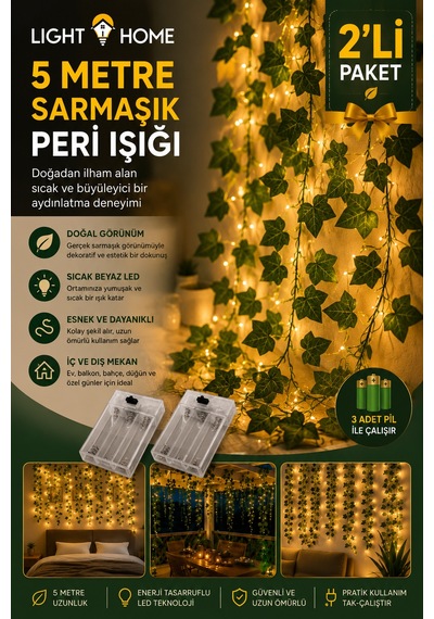 2 Adet Yapay Sarmaşık Led Işık Dekoratif Işıklı Sarmaşık Led Oda Duvar Yatak Odası Parti Yılbaşı Dekoru Her Biri 5 Metre 50 Led Sarı