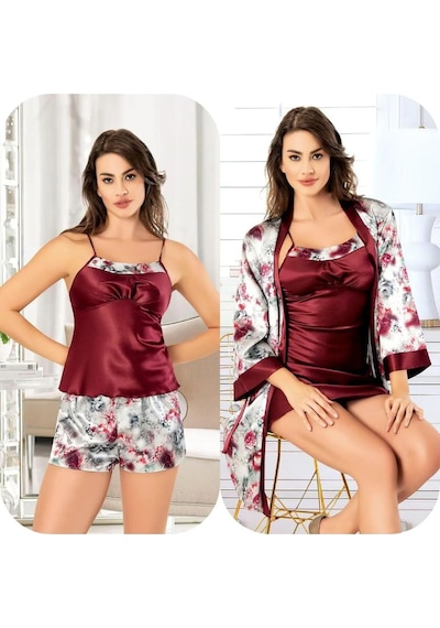 Faal 20753122 Kadın 4'lü Saten Gecelik Sabahlık Takım Şortlu Takım -bordo Bordo