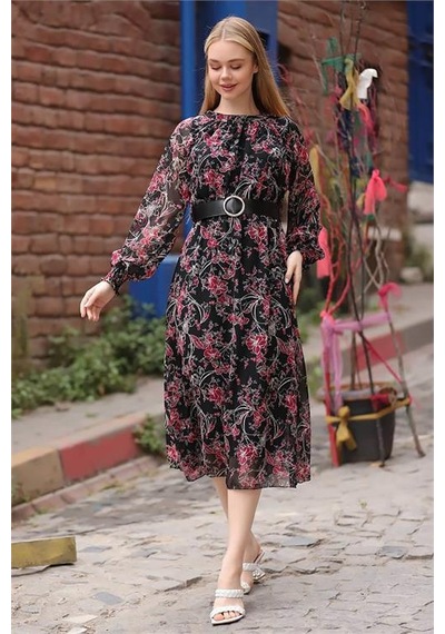 Neşeli Butik Kadın Kırmızı Kemerli Yakası Büzgülü Uzun Şifon Elbise Rssn27 Kırmızı