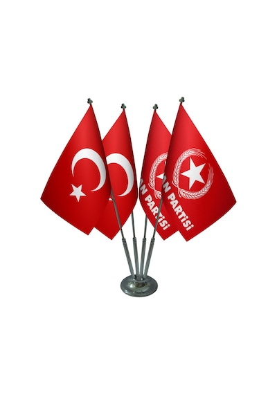Masa Üstü Vatan Partisi Bayrağı Türk Bayrağı Dörtlü Krom Direk Ma