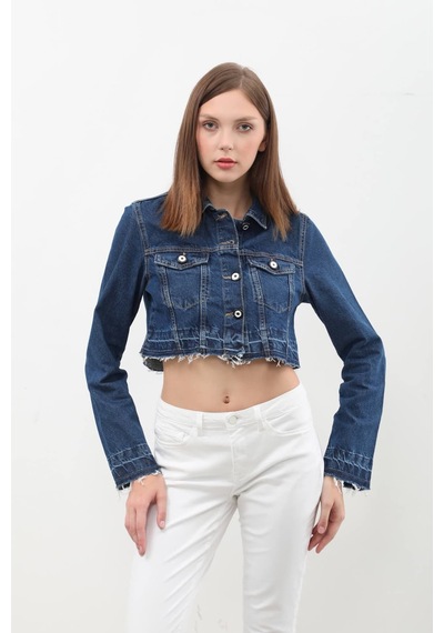 Kadın Püsküllü Crop Jean Ceket mavi