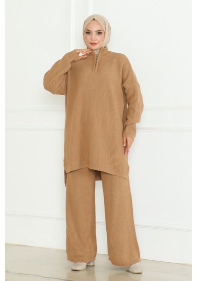 Fermuarlı Tunik Pantolon Triko Takım 1126 - Vizon