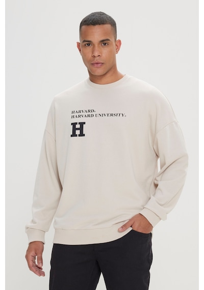 Ac&co / Altınyıldız Classics Erkek Açık Bej Oversize Fit Bol Kesim Harvard Lisanslı Pamuklu Bisiklet Yaka Sweatshirt Açık Bej