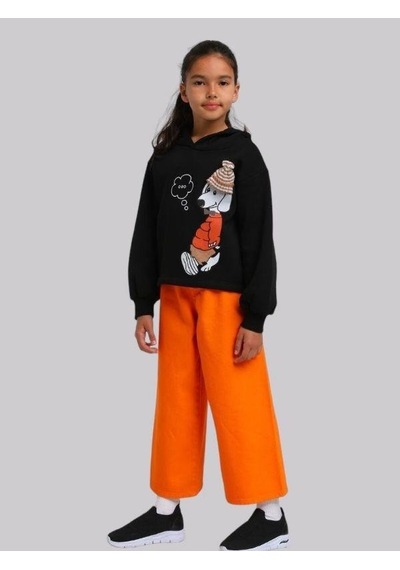 Kız Çocuk İçi Şardonlu Köpek Baskılı Kapüşonlu Sweatshirt-13615 Siyah