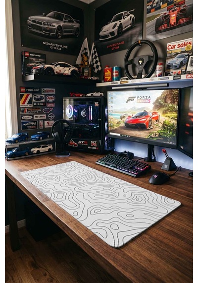 Minimal Beyaz Topografik Çizgiler 40x90 Cm Oyuncu Mousepad Kaymaz Taban Büyük Boy Mousepad Siyah