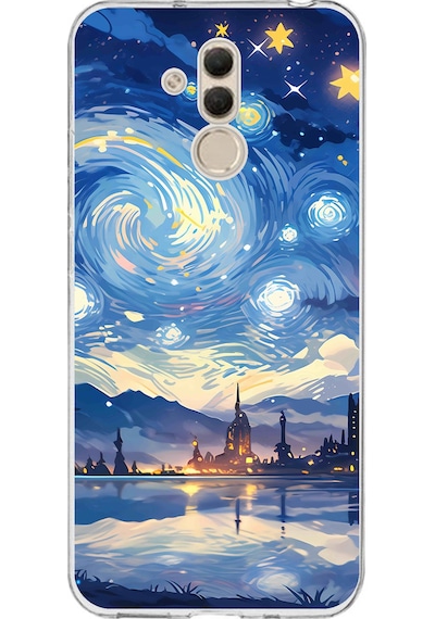 Huawei Mate 20 Lite Uyumlu Yıldızlı Gökyüzü Ve Şehir Silüeti Baskılı Silikon Kılıf Renkli