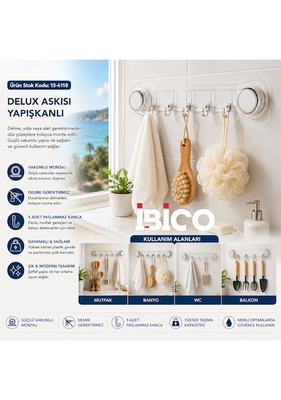 Vakumlu Yapışkanlı 5 Kollu Plastik Askı Pudra Pembesi