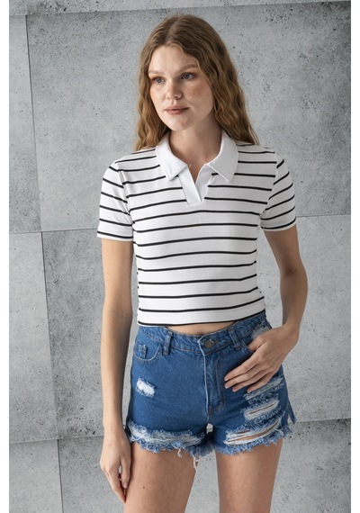 Giysa Kadın Polo Yaka Çizgili Pamuklu T-shirt Beyaz Siyah - 25795 Beyaz - Siyah