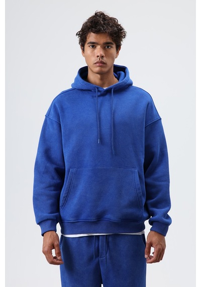 Vamos Basic Oversize Yıkamalı Hoodie Saks Mavi