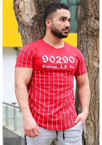 Madmext Bisiklet Yaka Çizgi Detaylı Kırmızı Tişört 2863