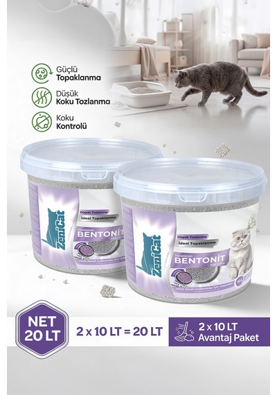 Lavantalı Gri Aktif Karbonlu Bentonit Kedi Kumu 2x10 Lt Güçlü Topaklanan, Koku Kontrolü, Kovalı