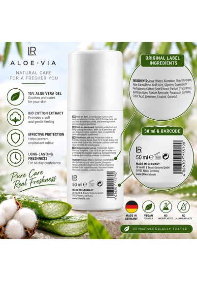 Aloe Vıa Alkolsüz Deo Roll-on, %15 Aloe Vera Jel Ve Organik Pamuk Ekstreli, Hassas Ciltler İçin, 50 Ml