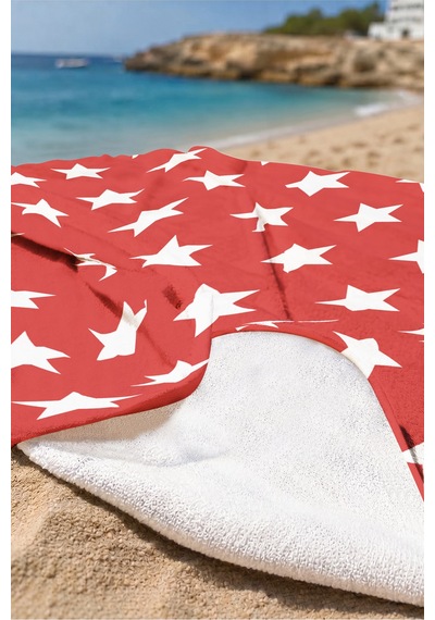 Yıldız Desenli Kırmızı Beyaz Plaj Havlusu - Modern Geometrik Marine Stil Hızlı Kuruyan Havlu Örtü Kül Şeftali