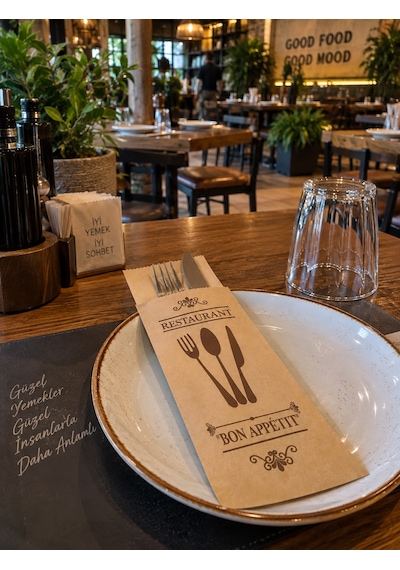 Şamua Kağıt Çatal Bıçak Kılıfı 250 Adet Kahverengi Baskılı Restoran Cafe Kaşıklık Servis Kılıfı
