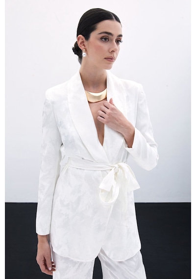 Sateen Bağlamalı Jakarlı Ceket - Ekru-135781 Ekru