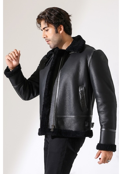 M M Marki Marki Erkek Hakiki Deri Mont, Siyah, Pilot Model, İçi Kürklü, 70 Cm, Fermuarlı