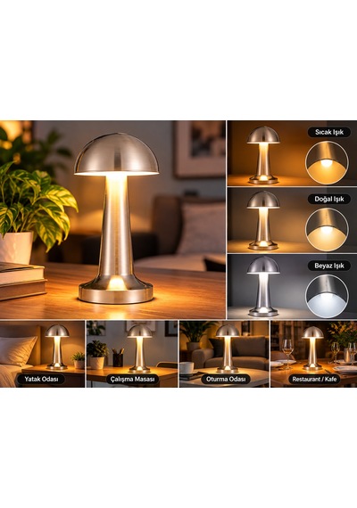 Modern Tasarımlı Led Masa Lambası - 3 Mod Metalik Gümüş Renk Dekoratif Abajur, Şık Ve Minimalist Masaüstü Aydınlatma Gri