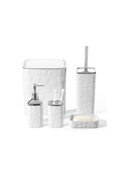 Makri Home 5 Parça Banyo Seti, Kalp Desenli, Beyaz Silver, Kare, Click Kapaklı, Hacim: 8 Litre Beyaz