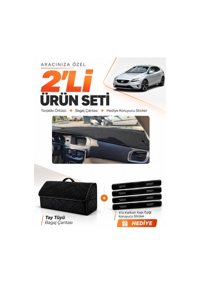 Volvo V40 2012-2019 Uyumlu Torpido Örtüsü + Tay Tüyü Bagaj Çantası + Sticker Seti - Siyah