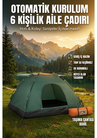 Özel Üretim Su Geçirmez Dayanıklı Pratik Otomatik Kurulumlu Kamp Çadırı 6 Kişilik 220x250x150cm Çok Renkli