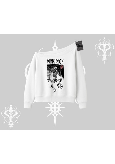 Startmore Kayık Yaka Sweatshirt Punk Rock Chaos Skeleton Riot Beyaz