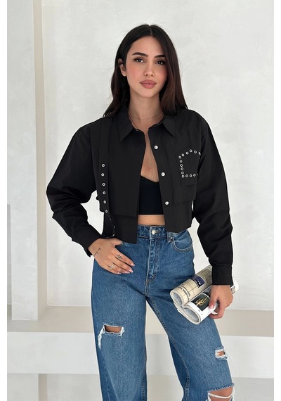 Asprin Fashion Kuş Gözlü Paraşüt Gömlek Siyah Siyah